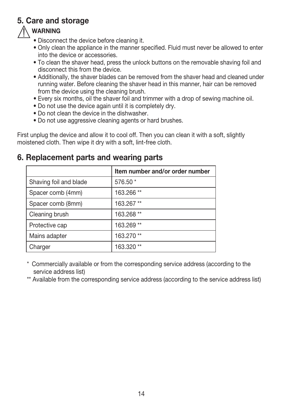 Care and storage, Replacement parts and wearing parts | Beurer HLE 30 User Manual | Page 14 / 72