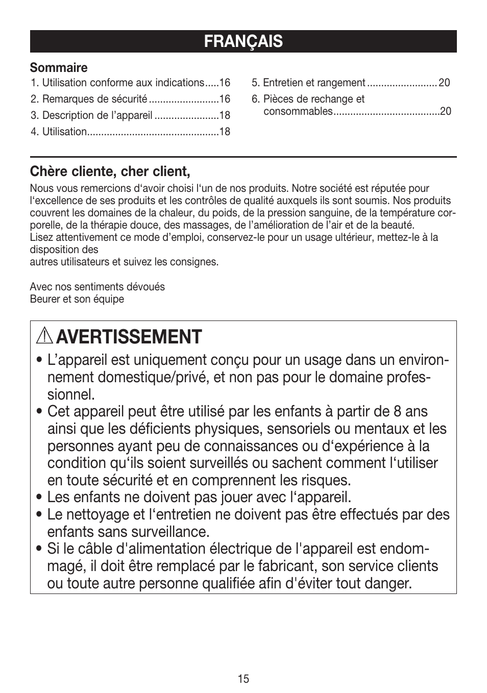 Avertissement, Français | Beurer HLE 30 User Manual | Page 15 / 72