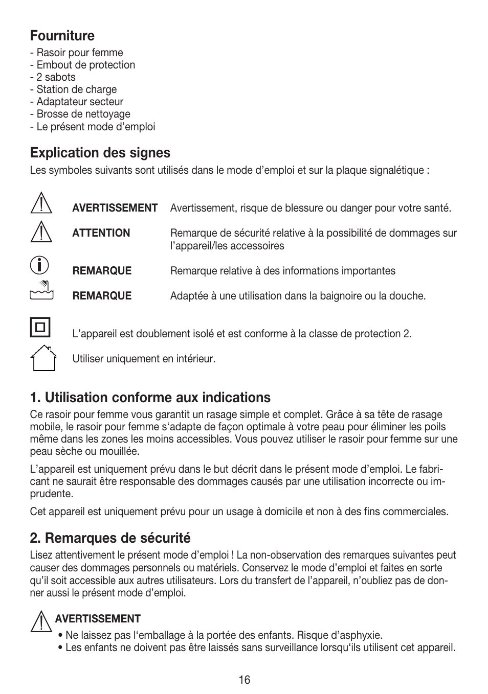 Fourniture, Explication des signes, Utilisation conforme aux indications | Remarques de sécurité | Beurer HLE 30 User Manual | Page 16 / 72