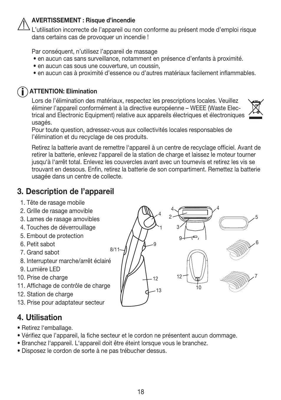 Description de l’appareil, Utilisation | Beurer HLE 30 User Manual | Page 18 / 72