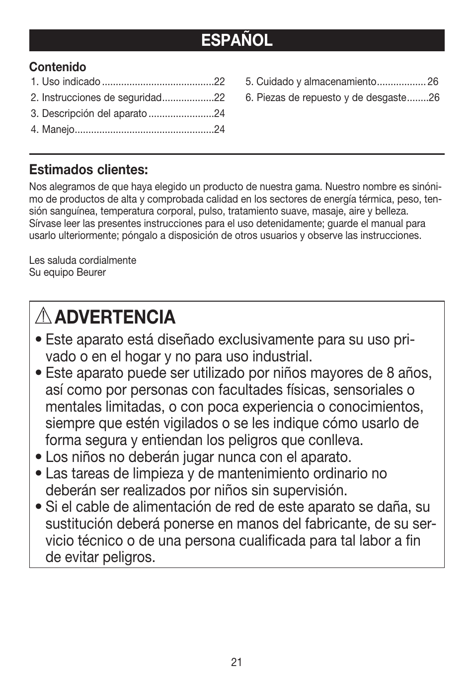 Advertencia, Español | Beurer HLE 30 User Manual | Page 21 / 72