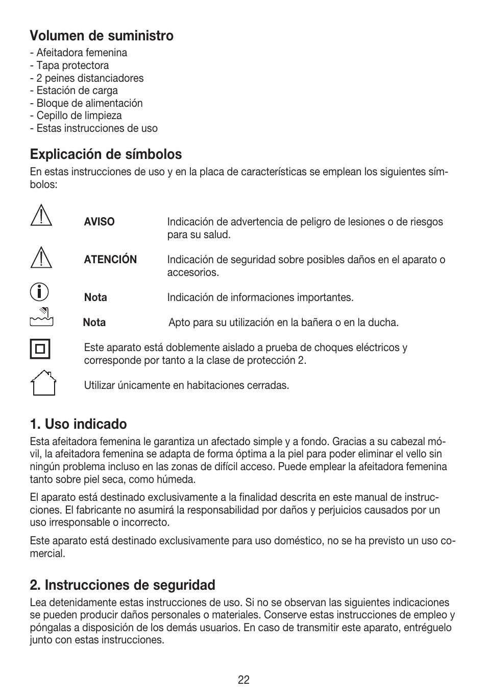 Volumen de suministro, Explicación de símbolos, Uso indicado | Instrucciones de seguridad | Beurer HLE 30 User Manual | Page 22 / 72