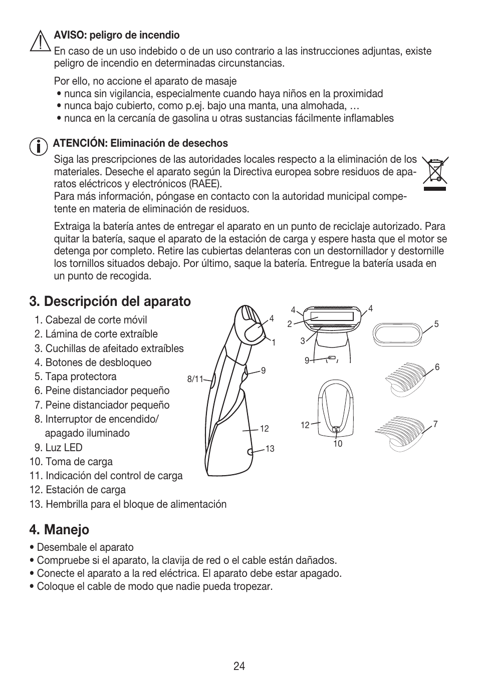 Descripción del aparato, Manejo | Beurer HLE 30 User Manual | Page 24 / 72