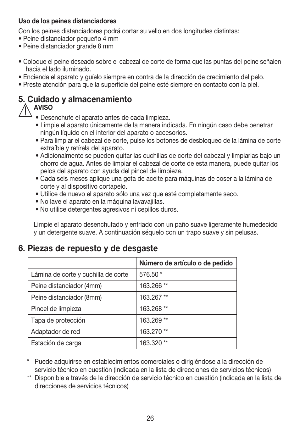 Cuidado y almacenamiento, Piezas de repuesto y de desgaste | Beurer HLE 30 User Manual | Page 26 / 72