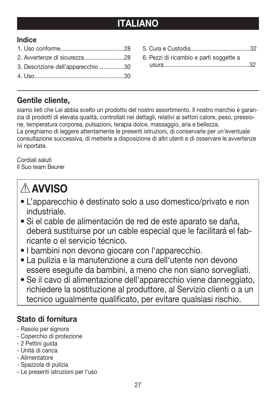 Avviso, Italiano | Beurer HLE 30 User Manual | Page 27 / 72