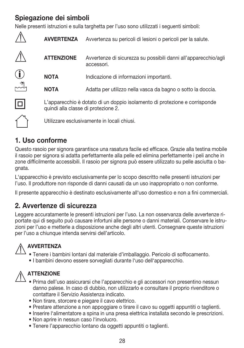 Spiegazione dei simboli, Uso conforme, Avvertenze di sicurezza | Beurer HLE 30 User Manual | Page 28 / 72