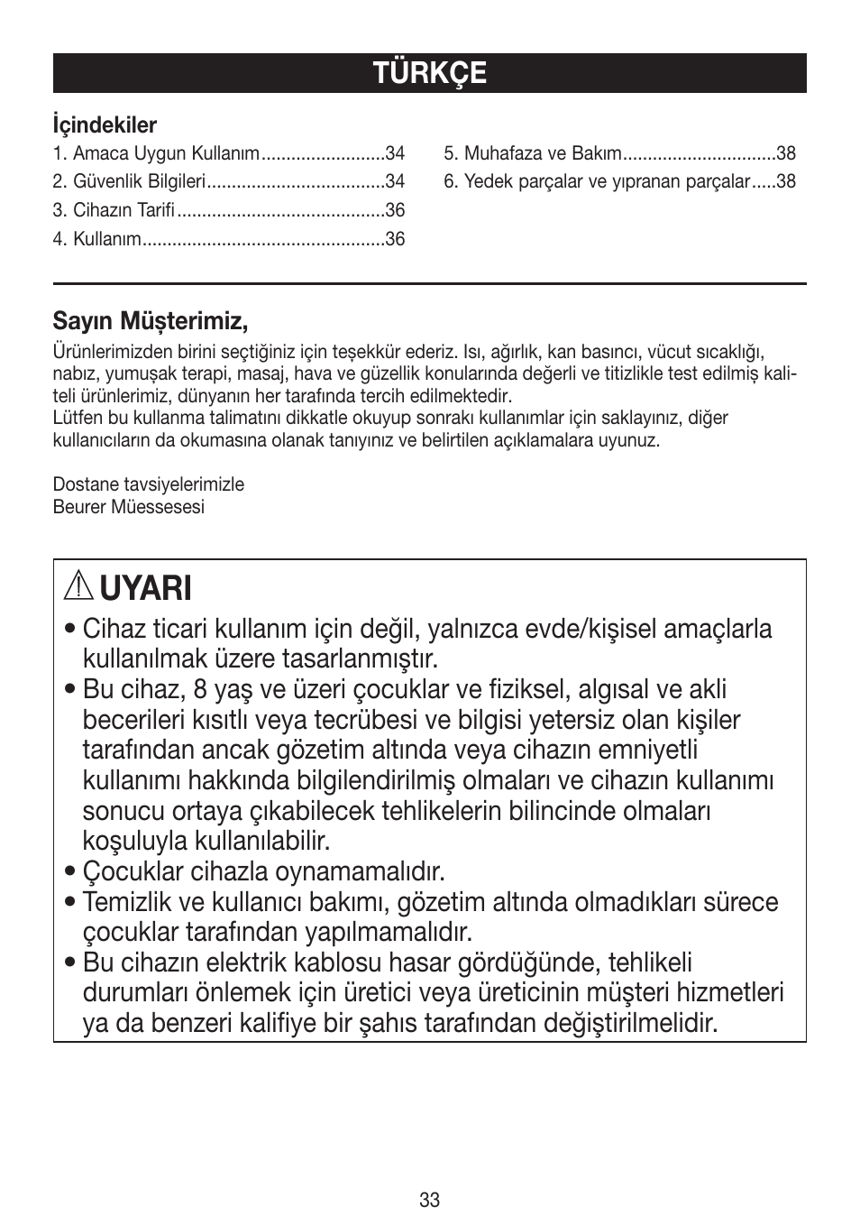 Uyari, Türkçe | Beurer HLE 30 User Manual | Page 33 / 72