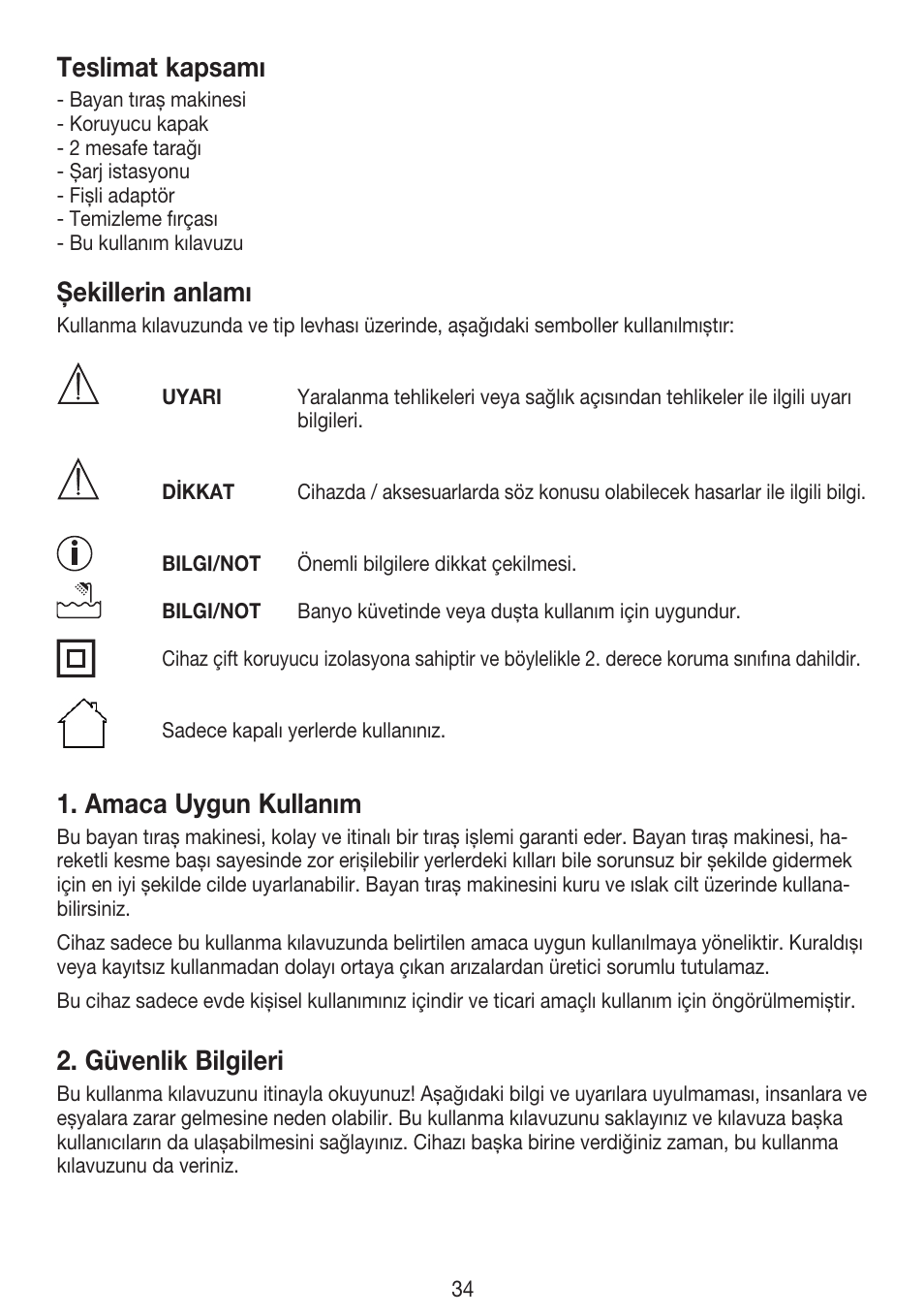 Teslimat kapsamı, Şekillerin anlamı, Amaca uygun kullanım | Güvenlik bilgileri | Beurer HLE 30 User Manual | Page 34 / 72