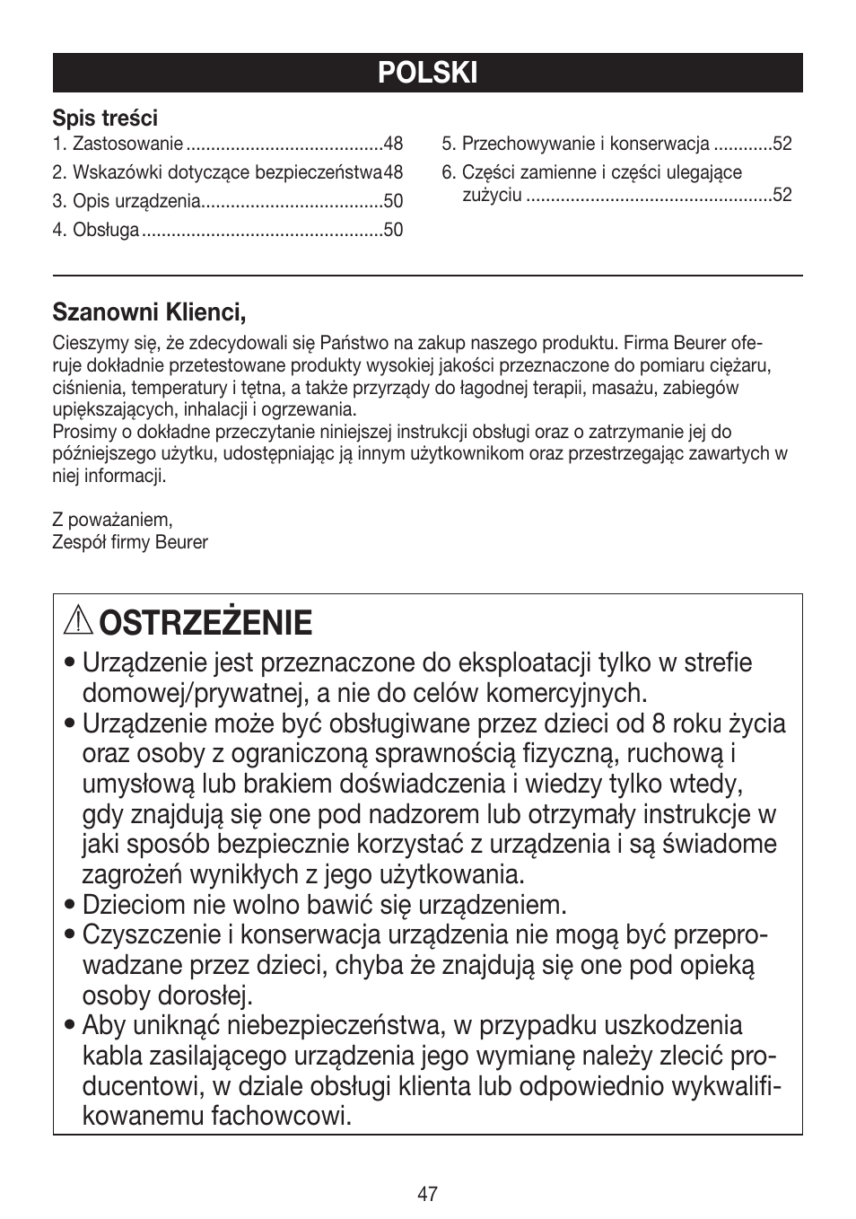 Ostrzeżenie, Polski | Beurer HLE 30 User Manual | Page 47 / 72