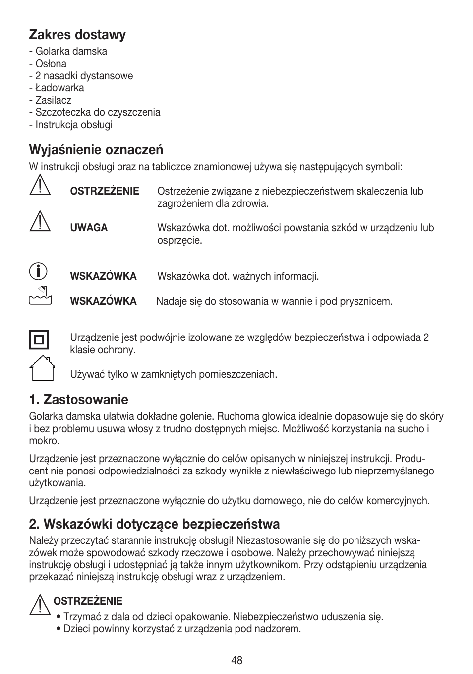 Zakres dostawy, Wyjaśnienie oznaczeń, Zastosowanie | Wskazówki dotyczące bezpieczeństwa | Beurer HLE 30 User Manual | Page 48 / 72