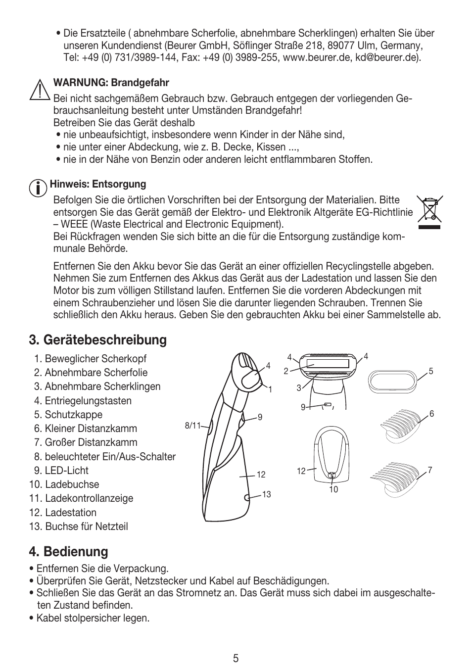 Gerätebeschreibung, Bedienung | Beurer HLE 30 User Manual | Page 5 / 72