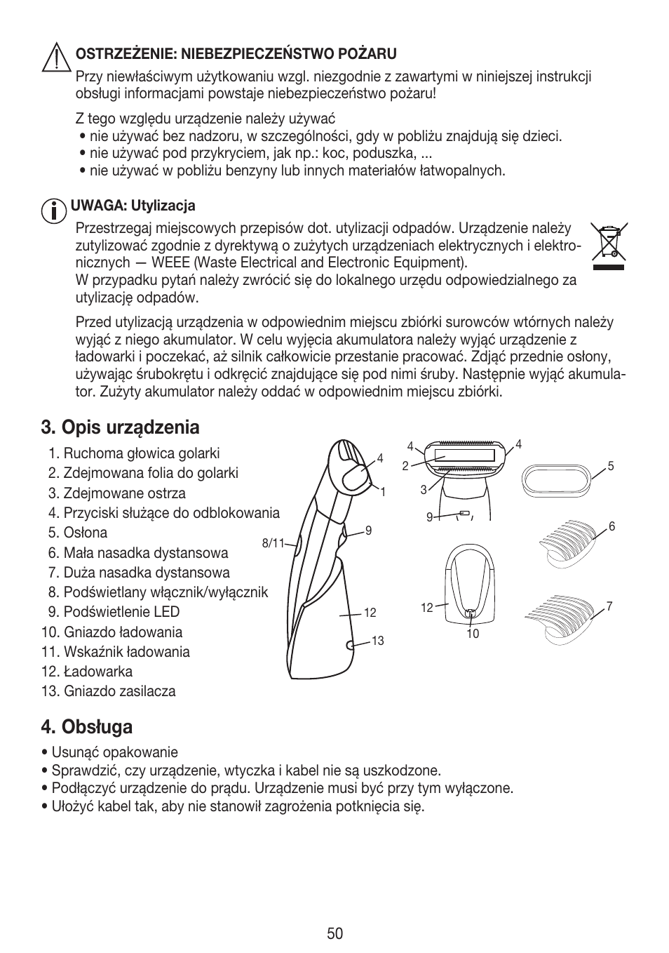 Opis urządzenia, Obsługa | Beurer HLE 30 User Manual | Page 50 / 72