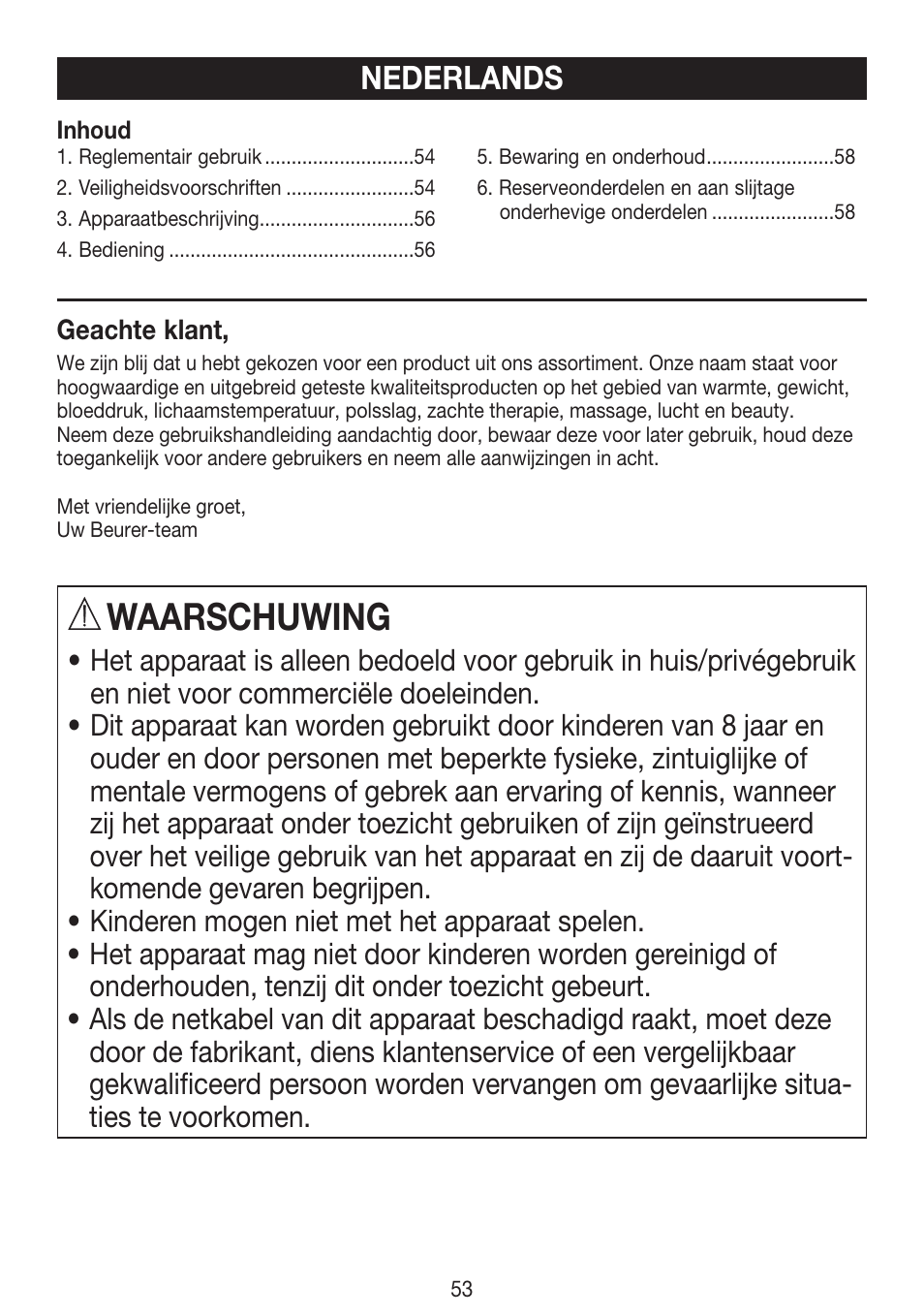 Waarschuwing, Nederlands | Beurer HLE 30 User Manual | Page 53 / 72