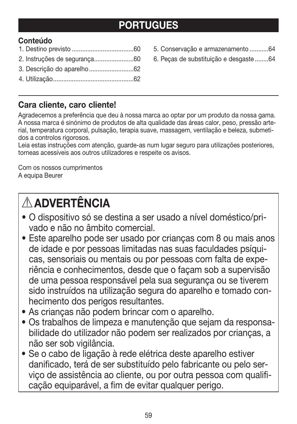 Advertência, Portugues | Beurer HLE 30 User Manual | Page 59 / 72