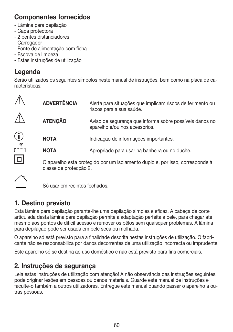 Componentes fornecidos, Legenda, Destino previsto | Instruções de segurança | Beurer HLE 30 User Manual | Page 60 / 72