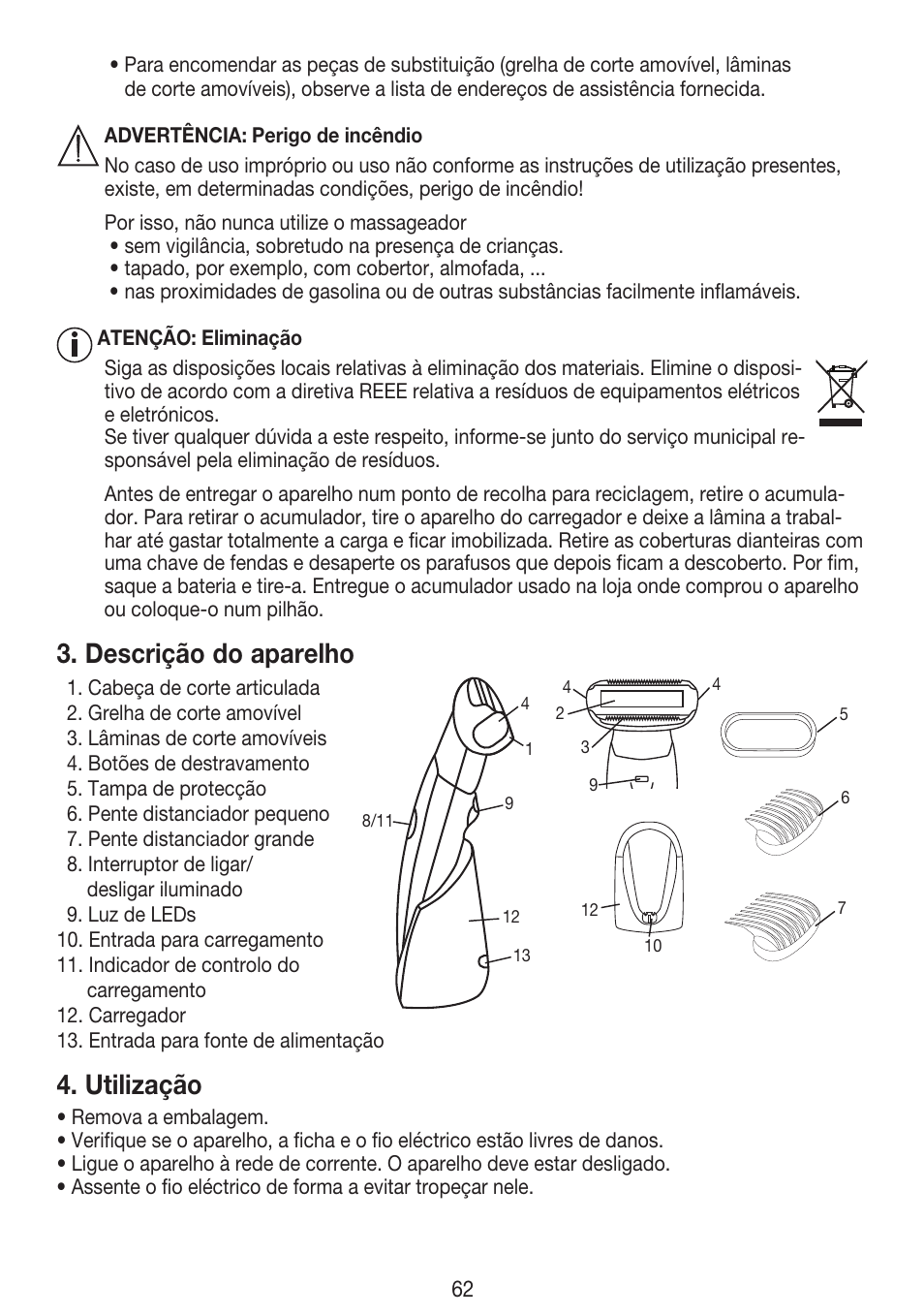 Descrição do aparelho, Utilização | Beurer HLE 30 User Manual | Page 62 / 72