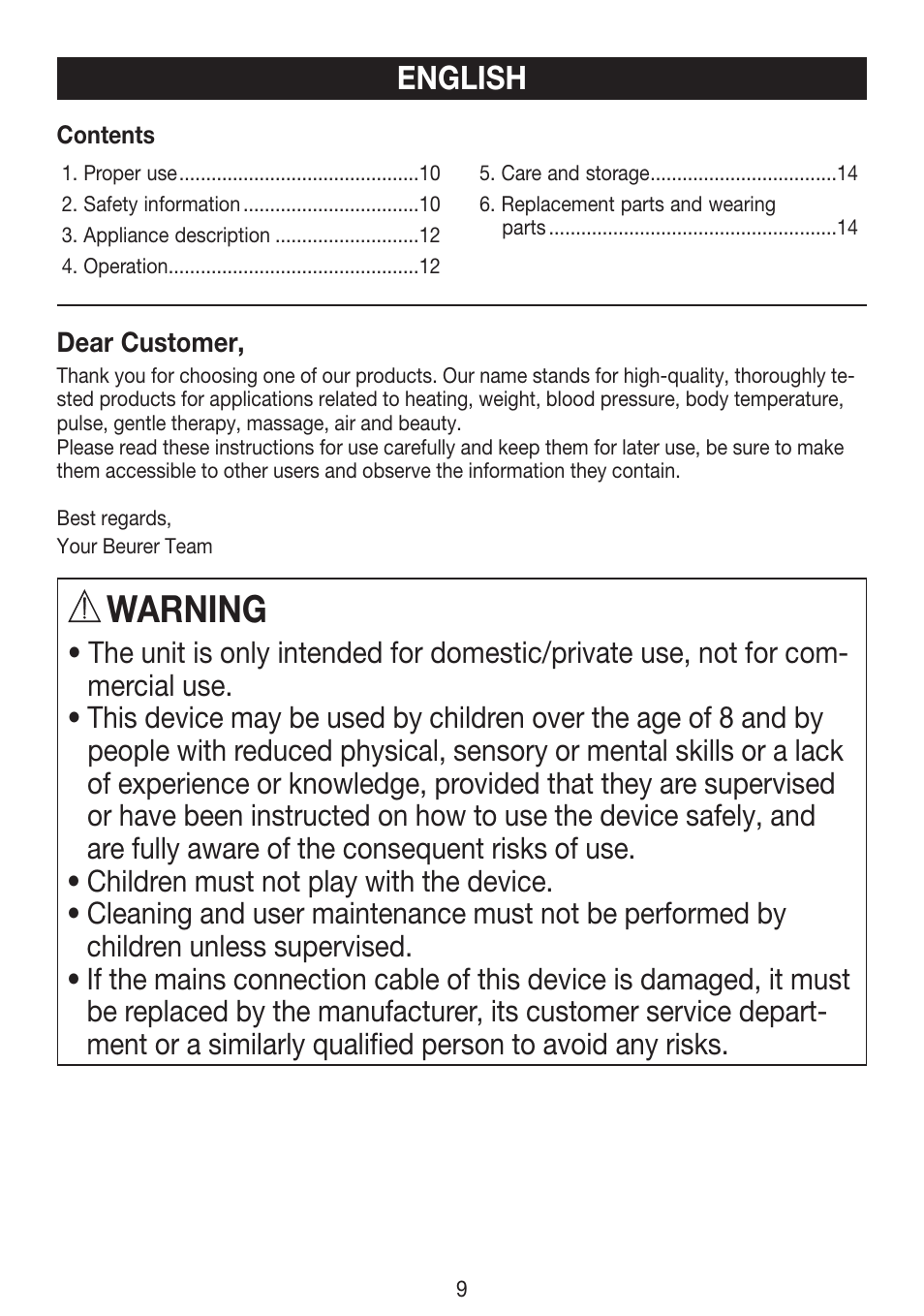 Warning, English | Beurer HLE 30 User Manual | Page 9 / 72