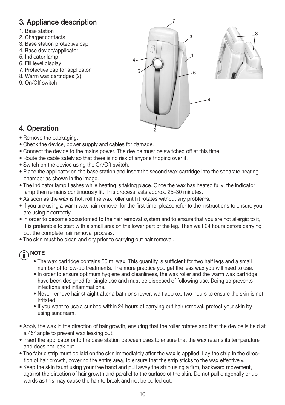 Appliance description, Operation | Beurer HLE 40 User Manual | Page 10 / 60