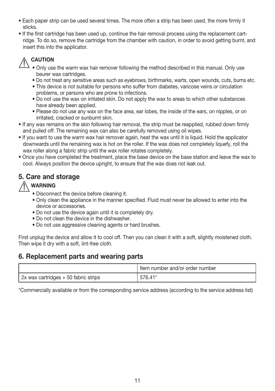 Care and storage, Replacement parts and wearing parts | Beurer HLE 40 User Manual | Page 11 / 60