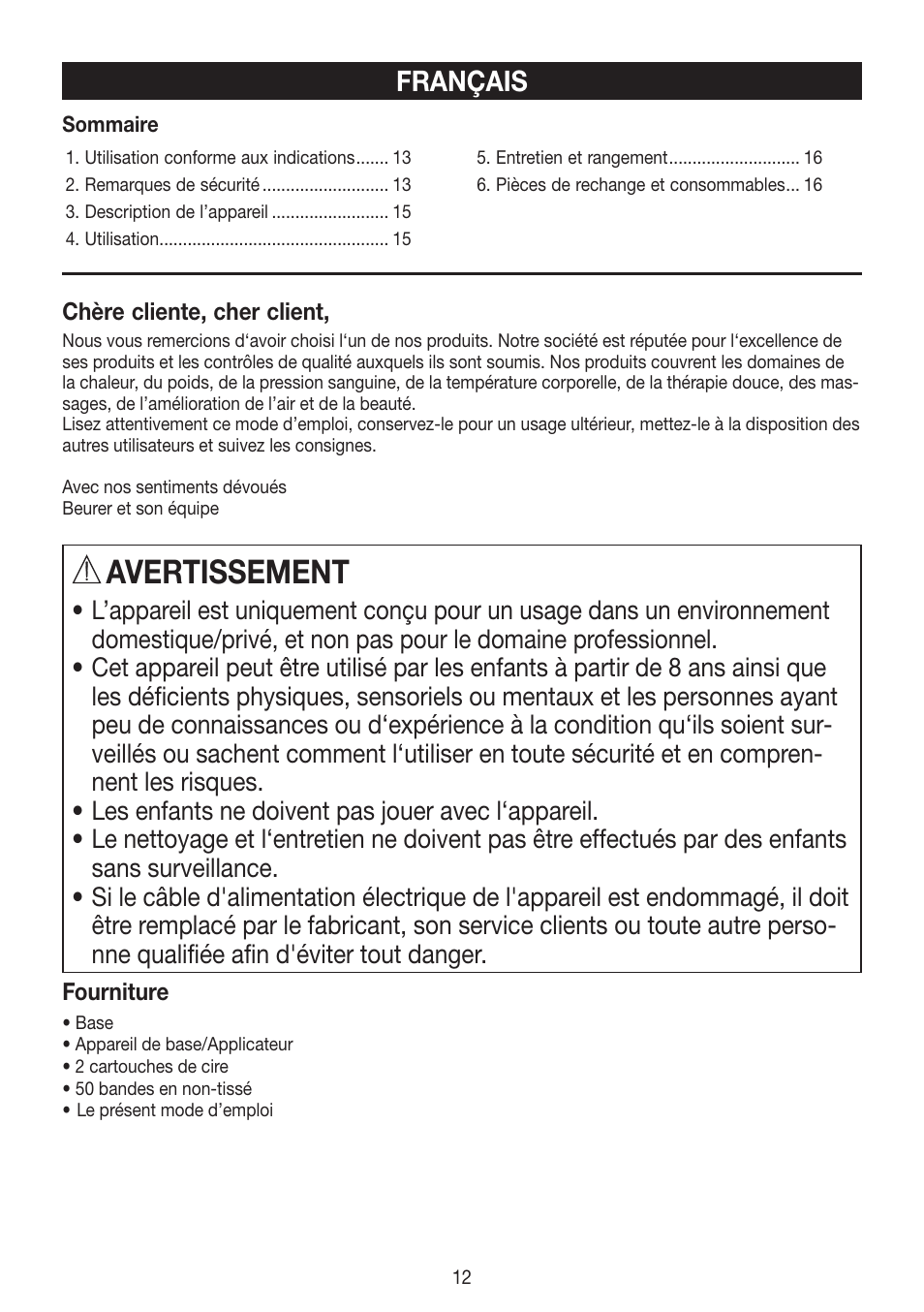 Avertissement, Français | Beurer HLE 40 User Manual | Page 12 / 60