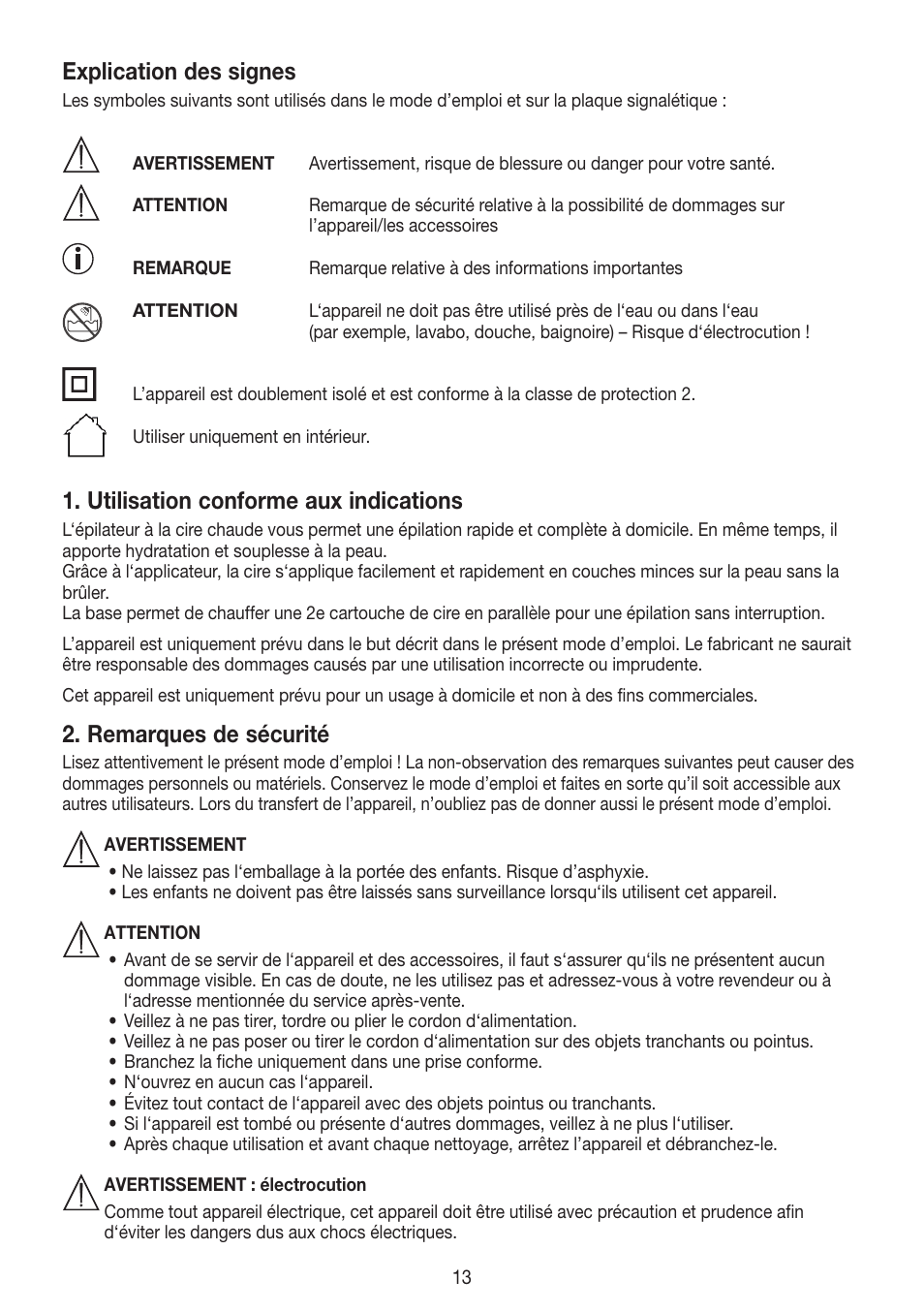 Explication des signes, Utilisation conforme aux indications, Remarques de sécurité | Beurer HLE 40 User Manual | Page 13 / 60