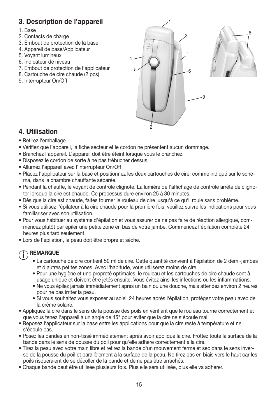 Description de l’appareil, Utilisation | Beurer HLE 40 User Manual | Page 15 / 60