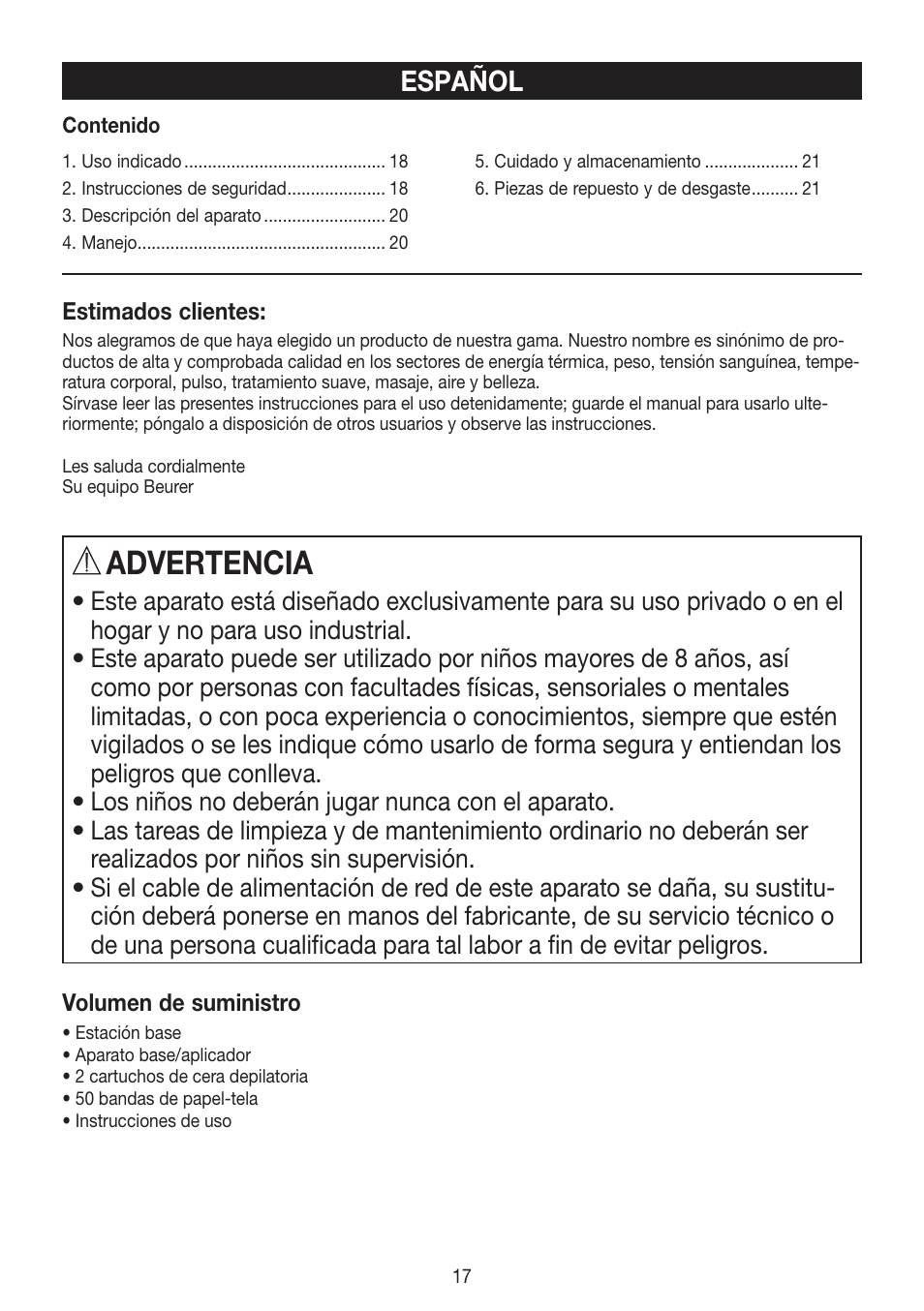 Advertencia, Español | Beurer HLE 40 User Manual | Page 17 / 60