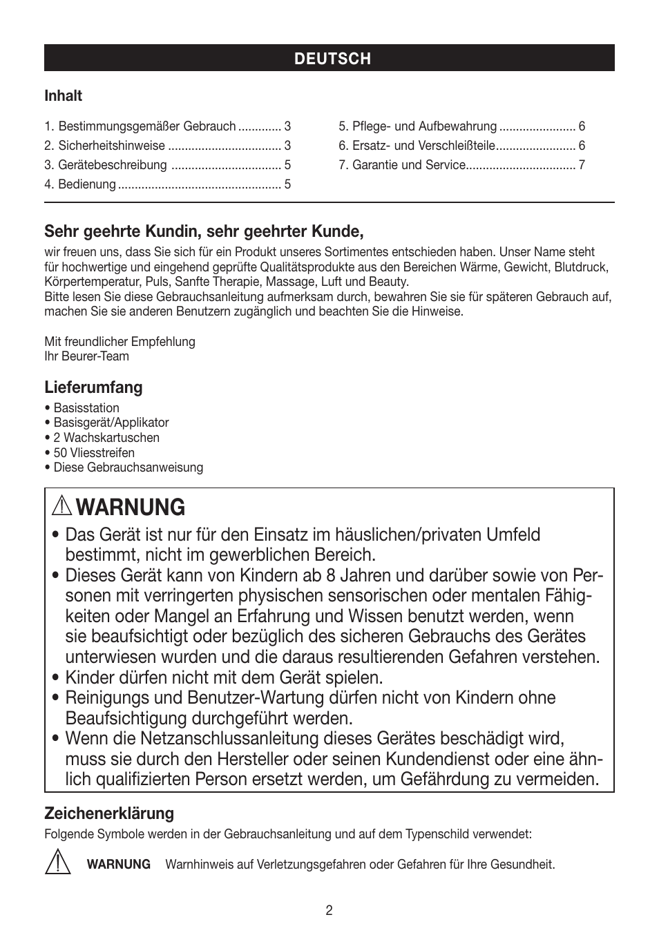 Warnung | Beurer HLE 40 User Manual | Page 2 / 60