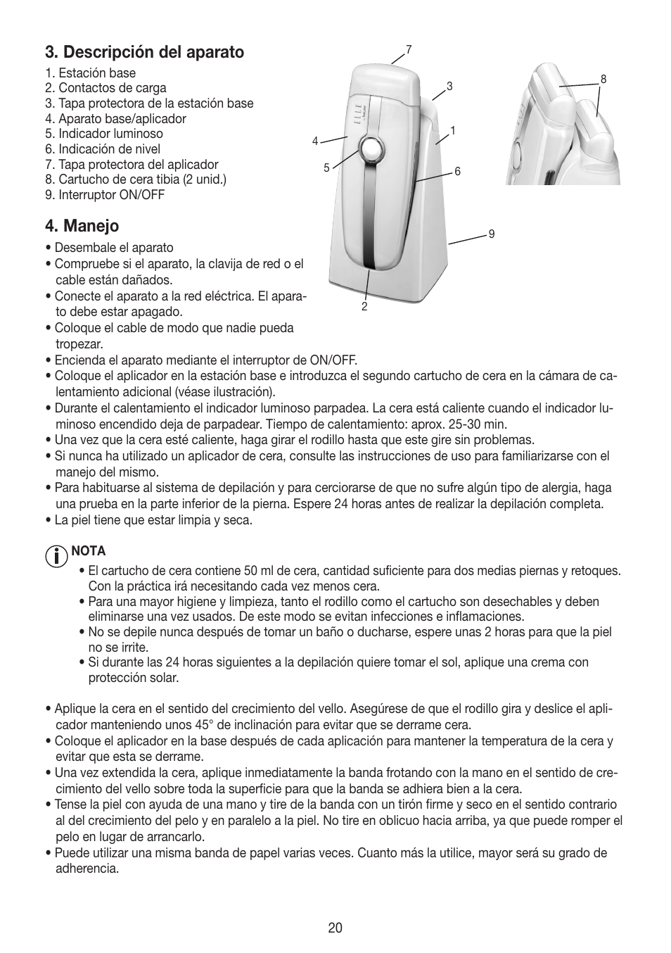Descripción del aparato, Manejo | Beurer HLE 40 User Manual | Page 20 / 60