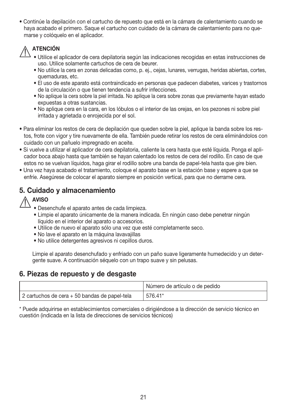 Cuidado y almacenamiento, Piezas de repuesto y de desgaste | Beurer HLE 40 User Manual | Page 21 / 60