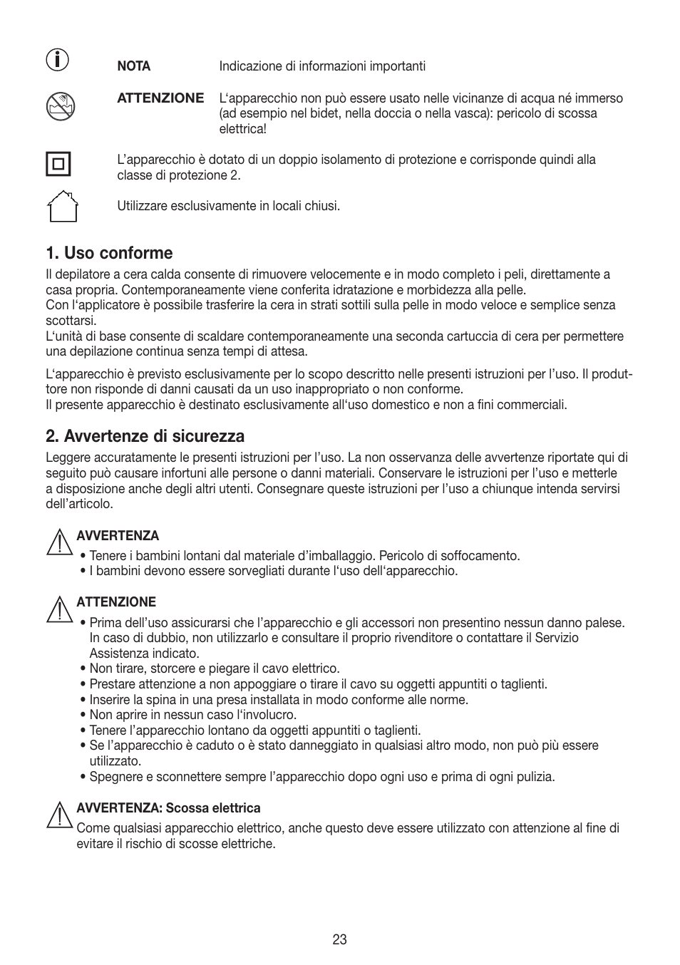Uso conforme, Avvertenze di sicurezza | Beurer HLE 40 User Manual | Page 23 / 60