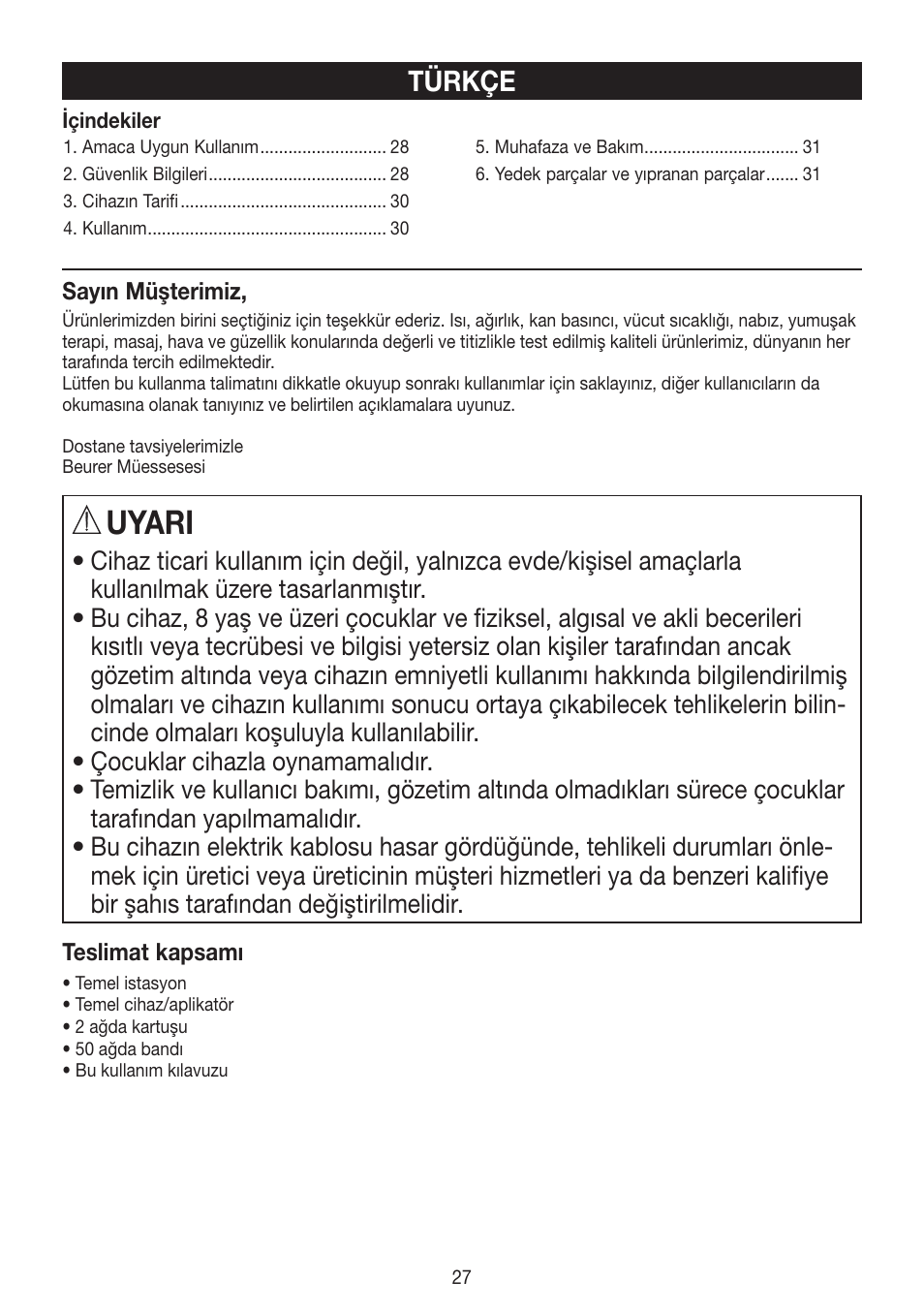 Uyari, Türkçe | Beurer HLE 40 User Manual | Page 27 / 60