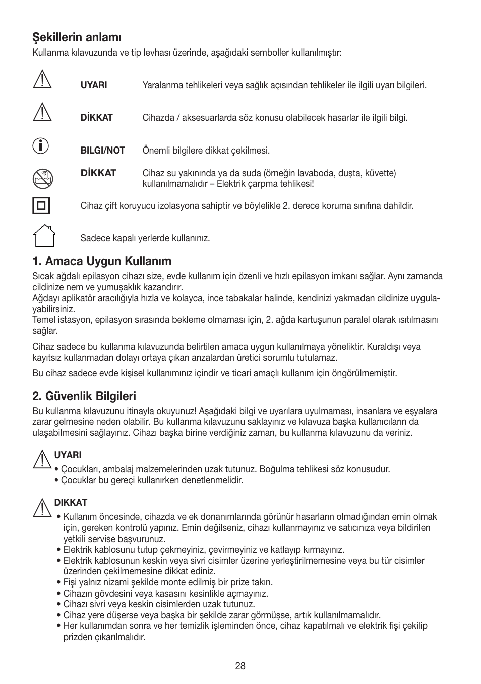 Şekillerin anlamı, Amaca uygun kullanım, Güvenlik bilgileri | Beurer HLE 40 User Manual | Page 28 / 60