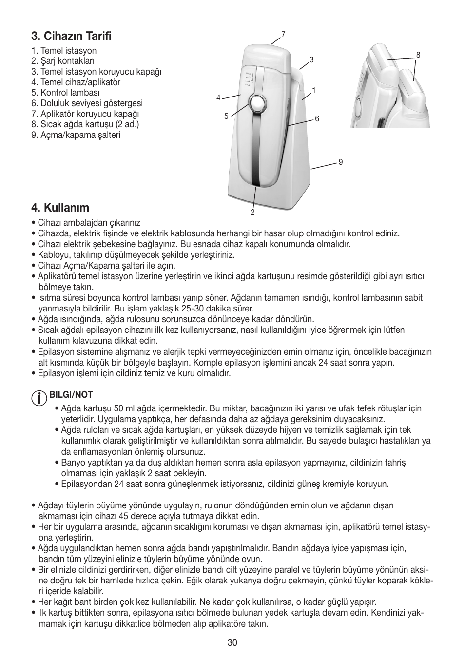 Cihazın tarifi, Kullanım | Beurer HLE 40 User Manual | Page 30 / 60