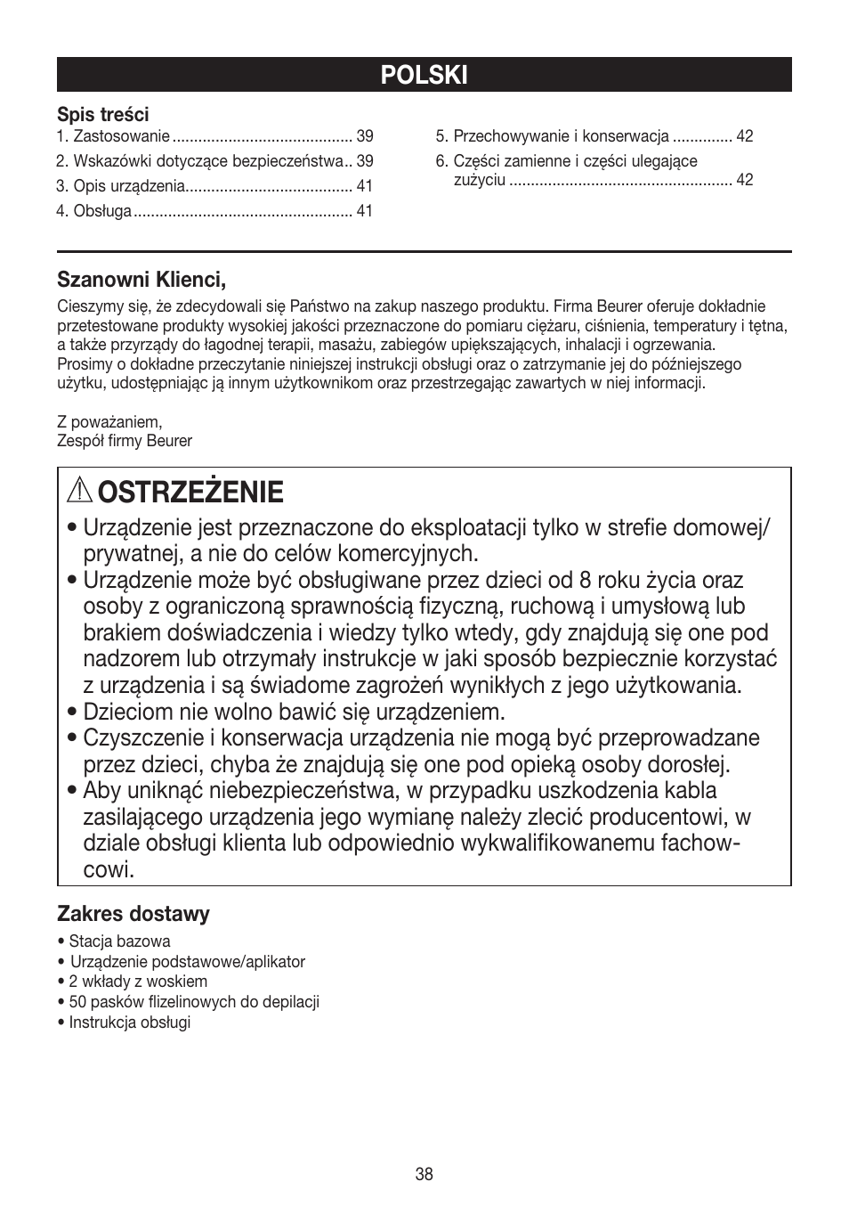 Ostrzeżenie, Polski | Beurer HLE 40 User Manual | Page 38 / 60