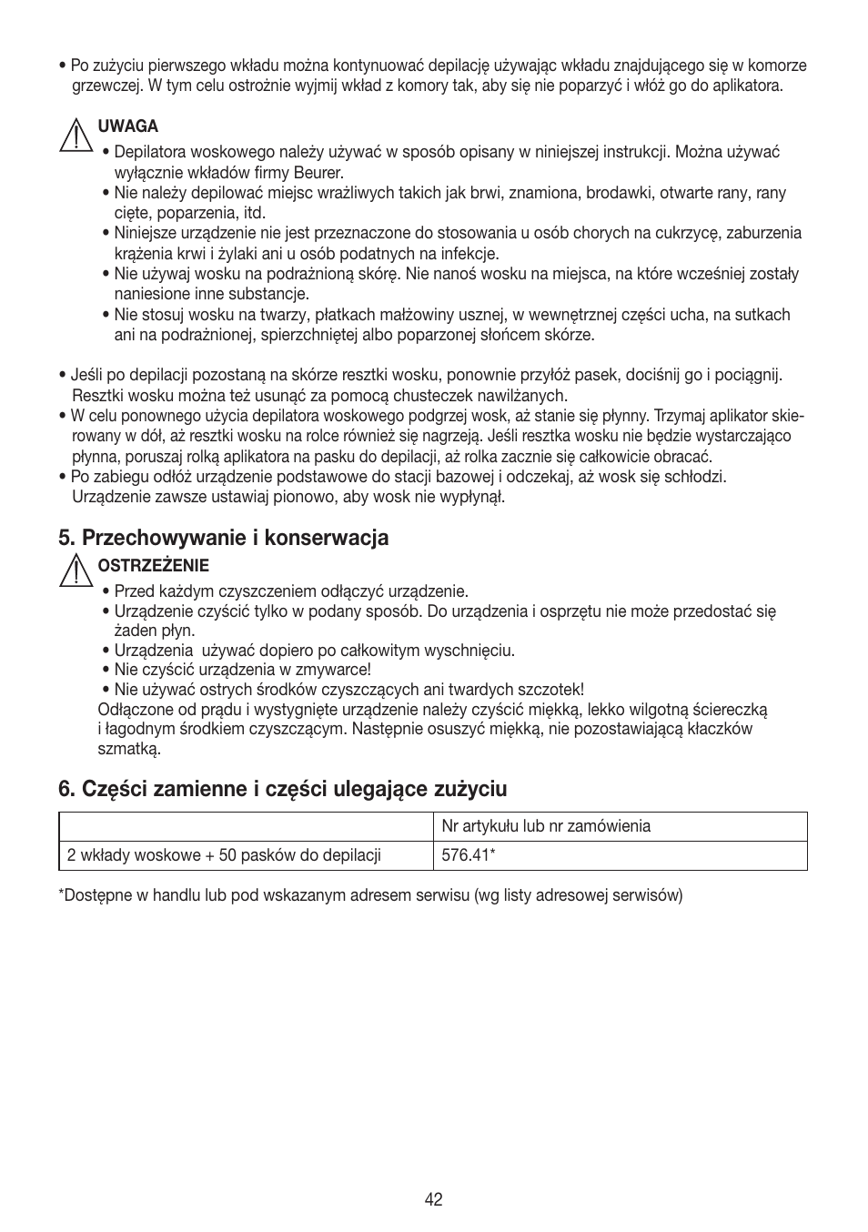 Przechowywanie i konserwacja, Części zamienne i części ulegające zużyciu | Beurer HLE 40 User Manual | Page 42 / 60