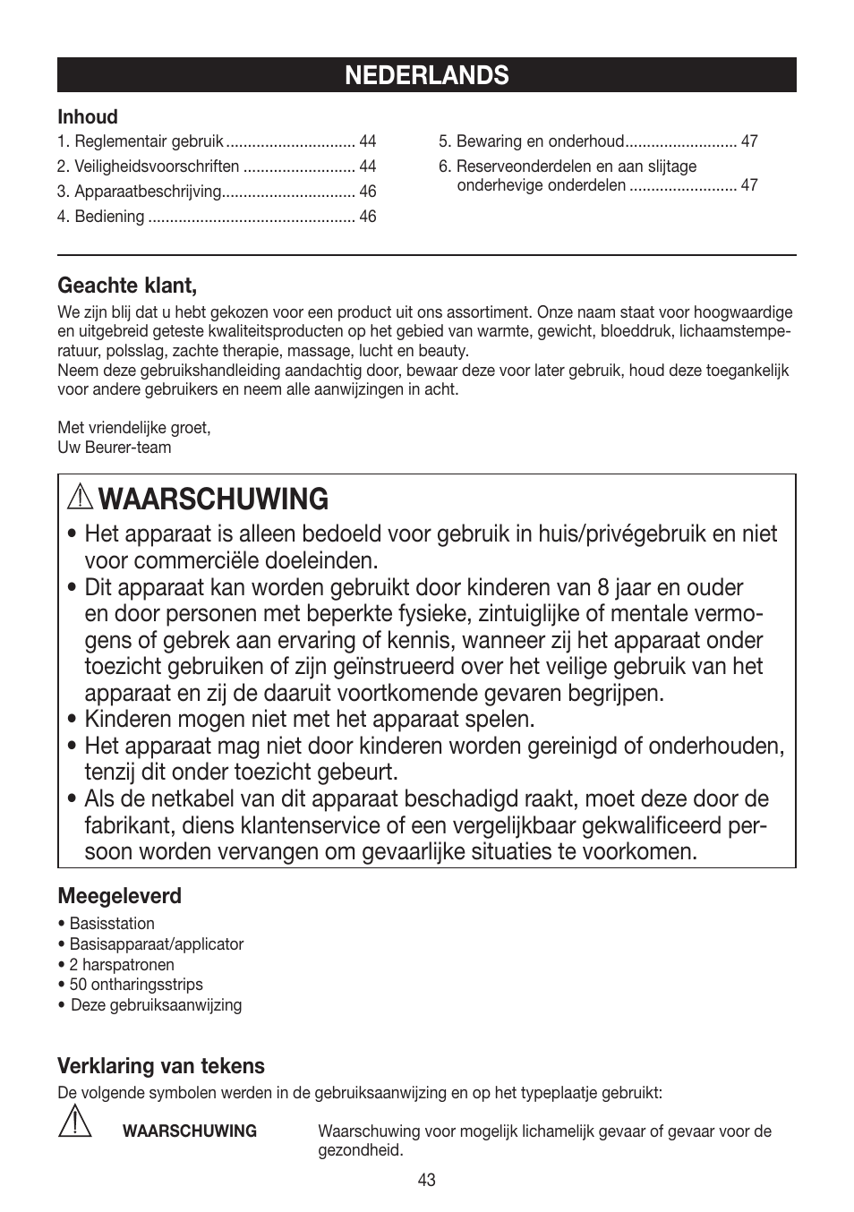 Waarschuwing, Nederlands | Beurer HLE 40 User Manual | Page 43 / 60