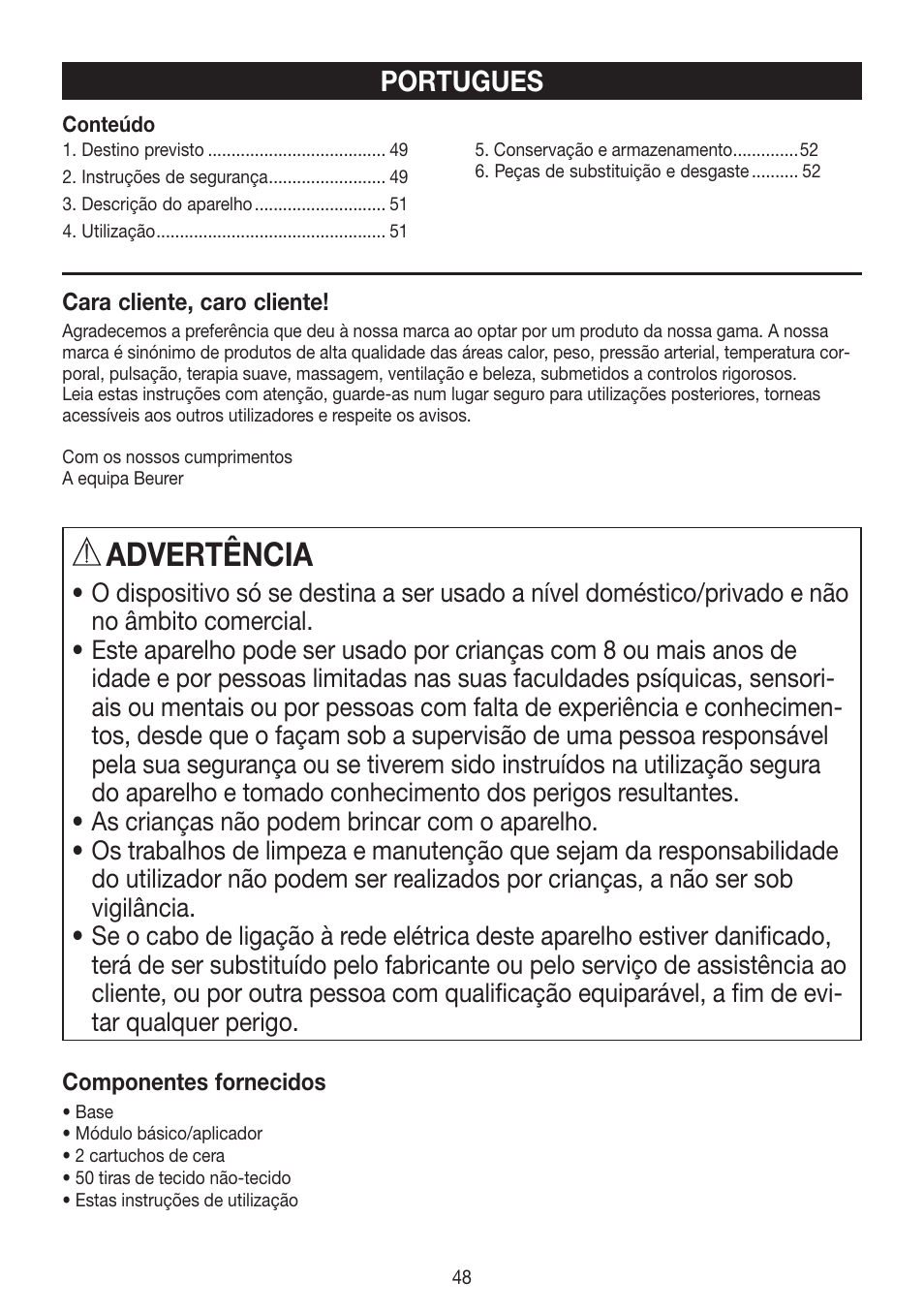 Advertência, Portugues | Beurer HLE 40 User Manual | Page 48 / 60
