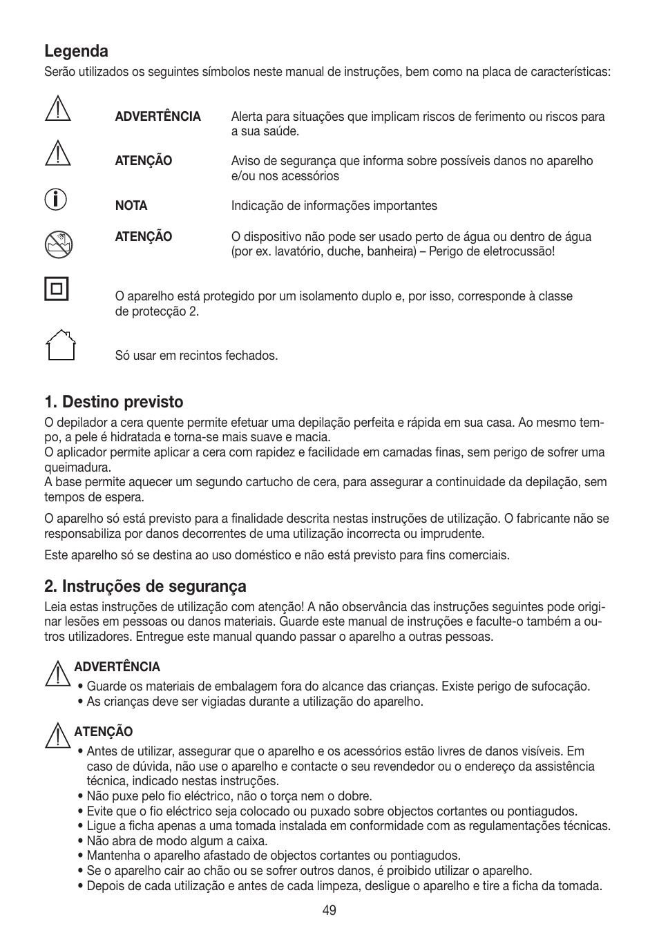 Legenda, Destino previsto, Instruções de segurança | Beurer HLE 40 User Manual | Page 49 / 60