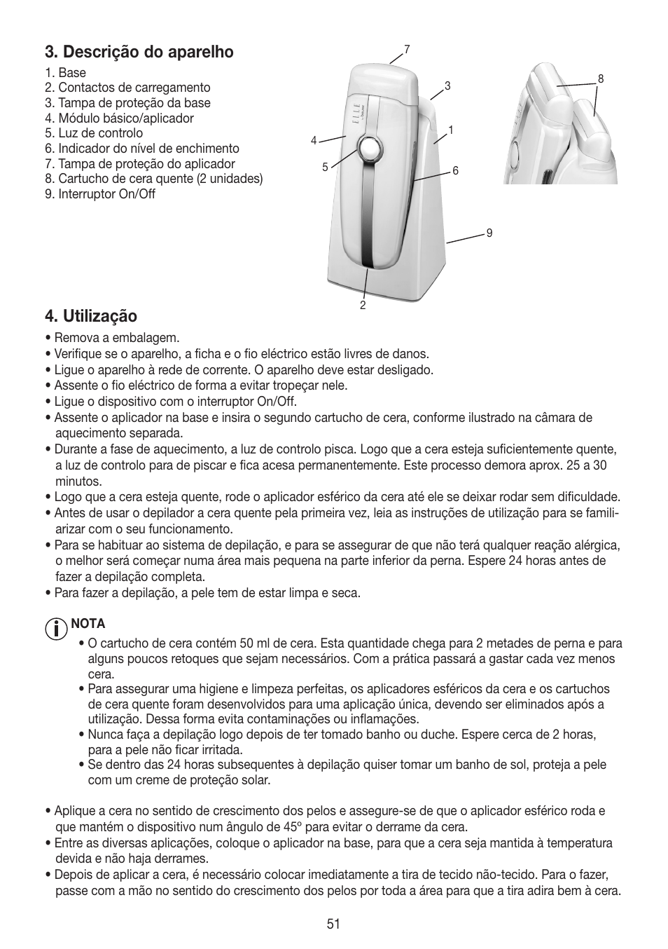 Descrição do aparelho, Utilização | Beurer HLE 40 User Manual | Page 51 / 60