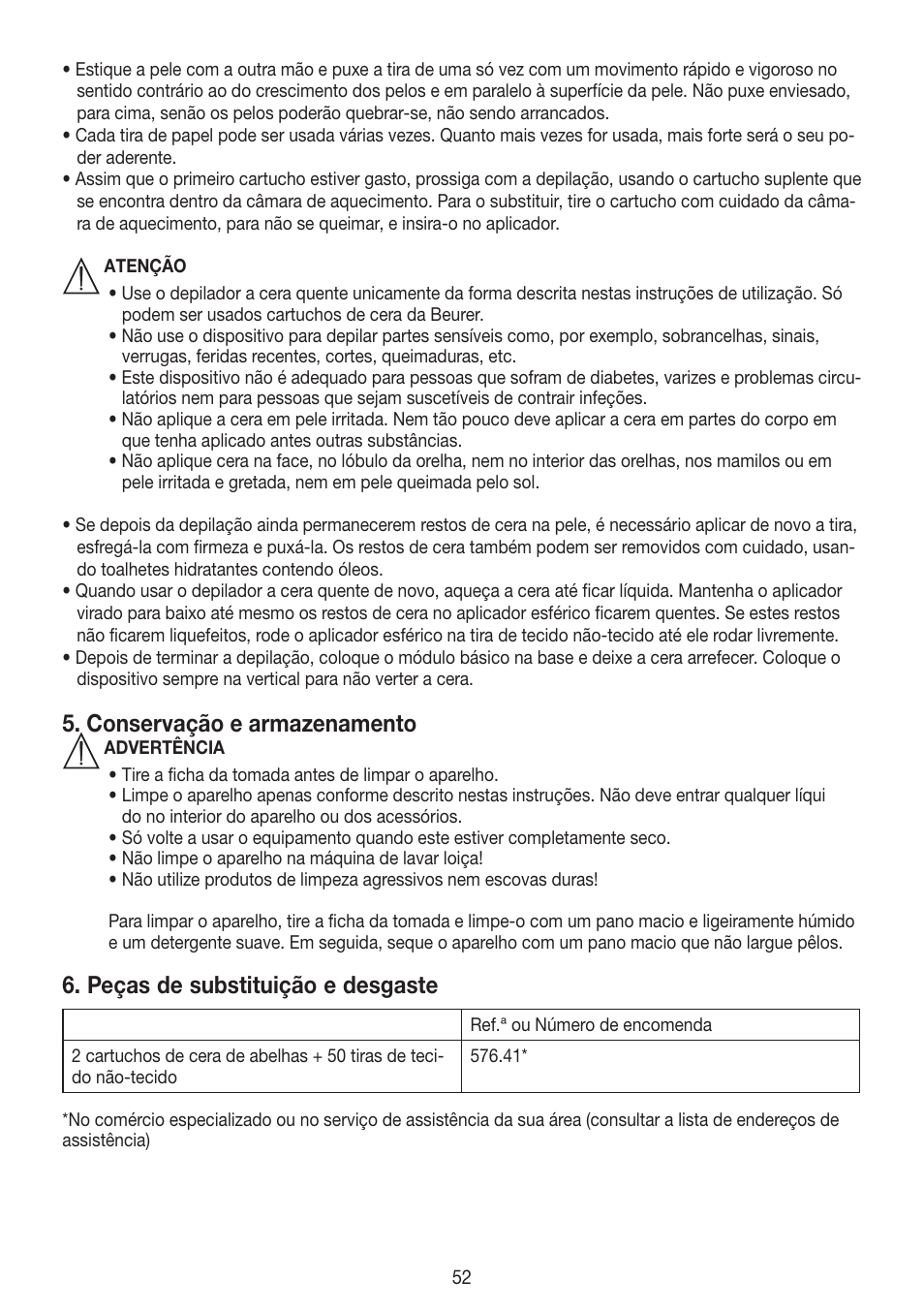 Conservação e armazenamento, Peças de substituição e desgaste | Beurer HLE 40 User Manual | Page 52 / 60