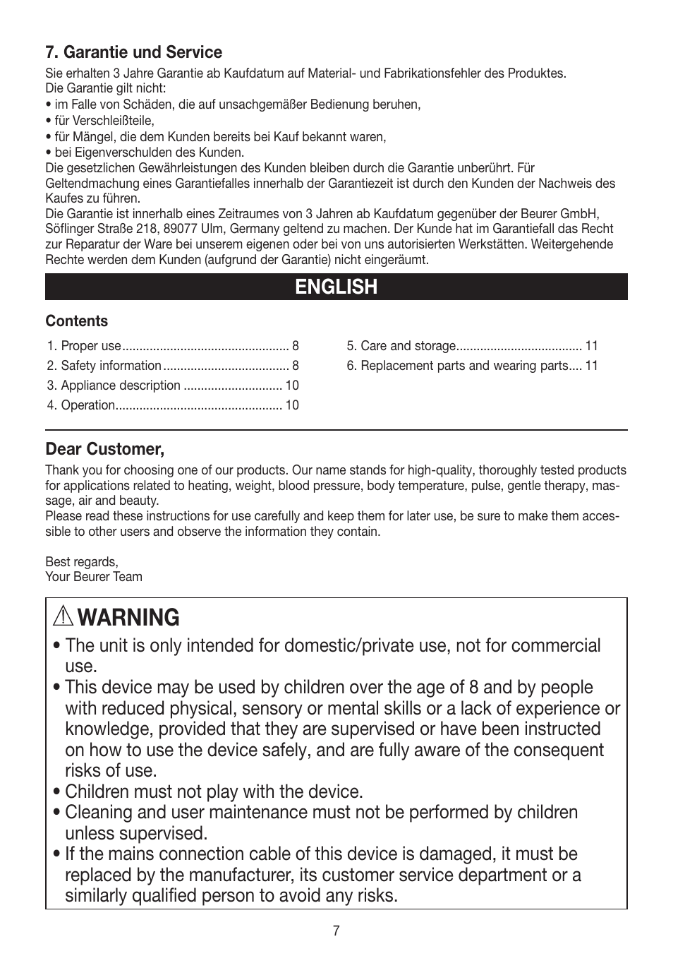 Warning, English | Beurer HLE 40 User Manual | Page 7 / 60