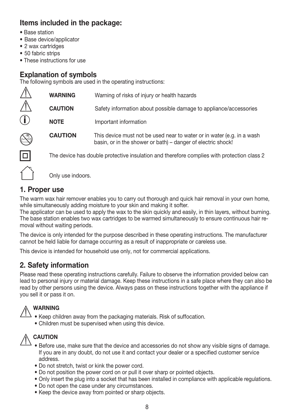 Items included in the package, Explanation of symbols, Proper use | Safety information | Beurer HLE 40 User Manual | Page 8 / 60