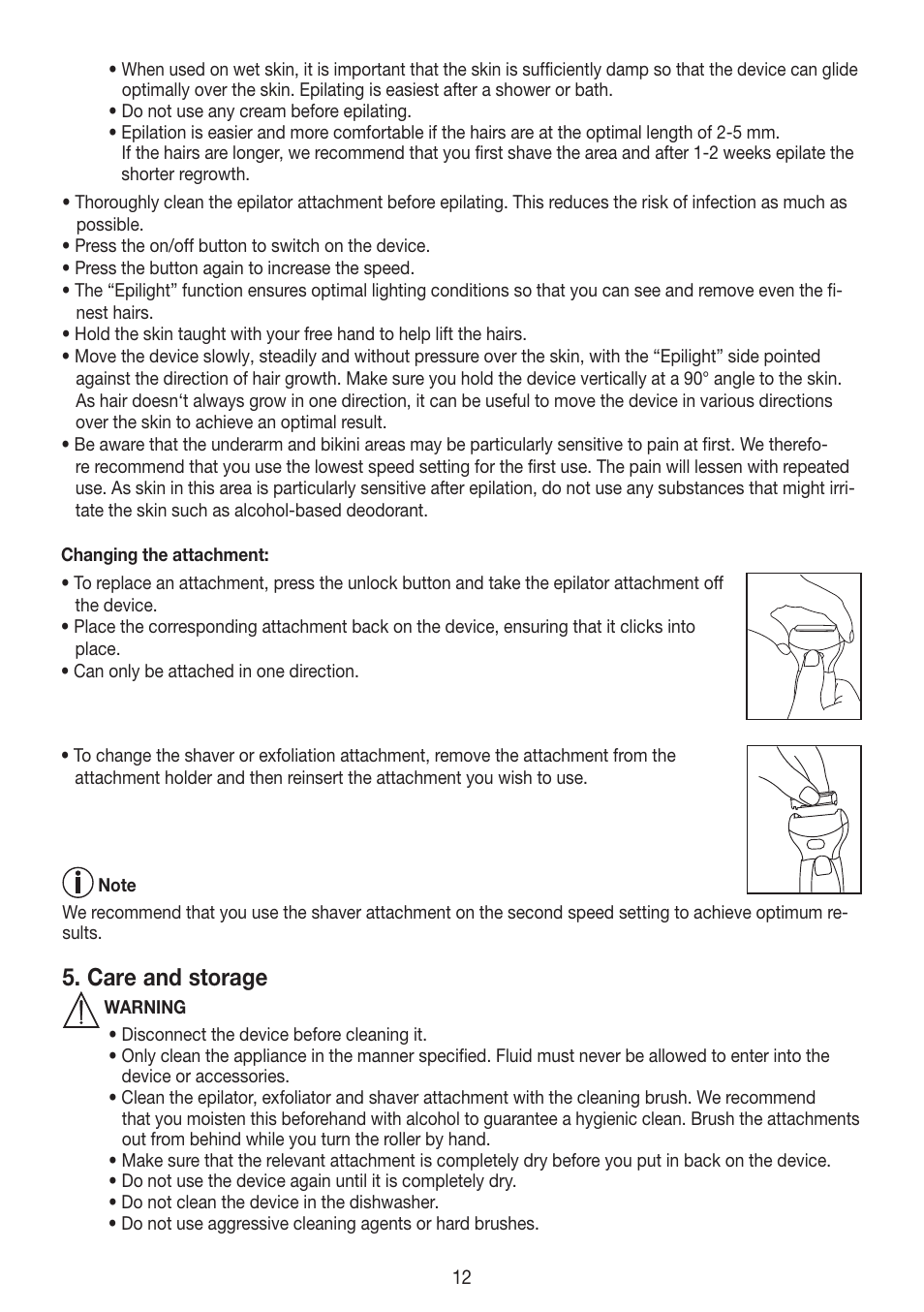 Care and storage | Beurer HLE 60 User Manual | Page 12 / 68