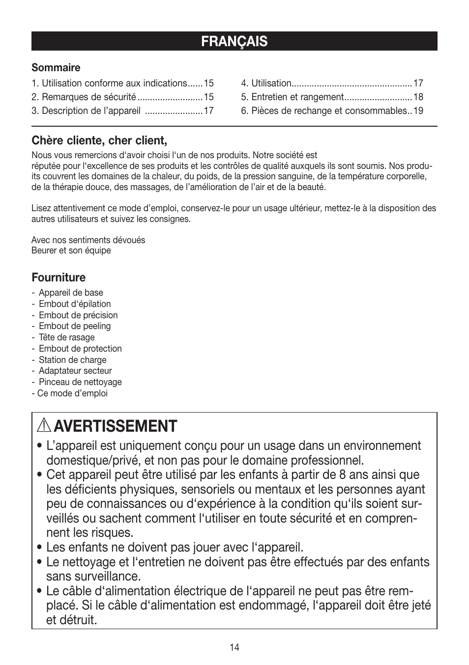 Avertissement, Français | Beurer HLE 60 User Manual | Page 14 / 68