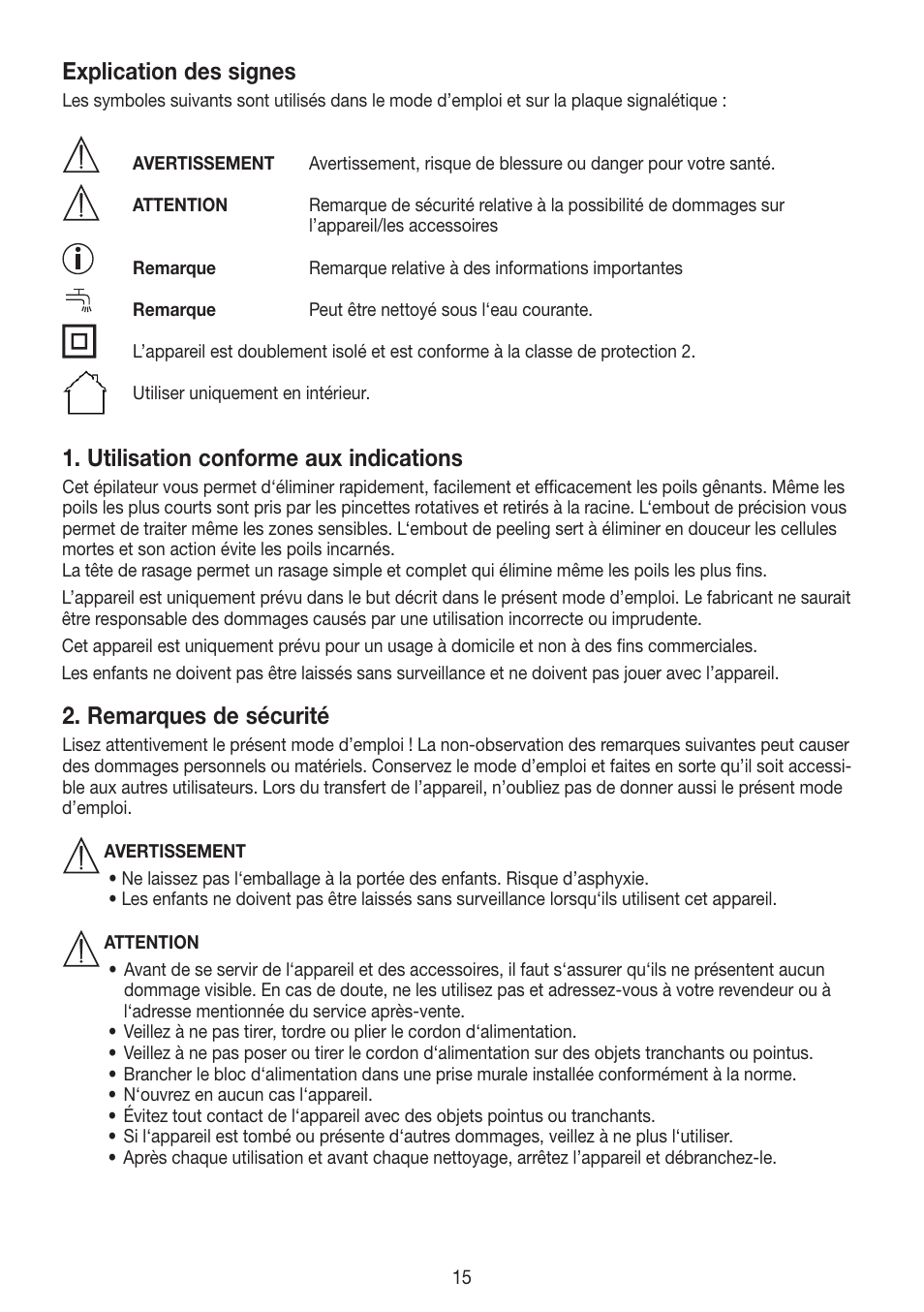 Explication des signes, Utilisation conforme aux indications, Remarques de sécurité | Beurer HLE 60 User Manual | Page 15 / 68