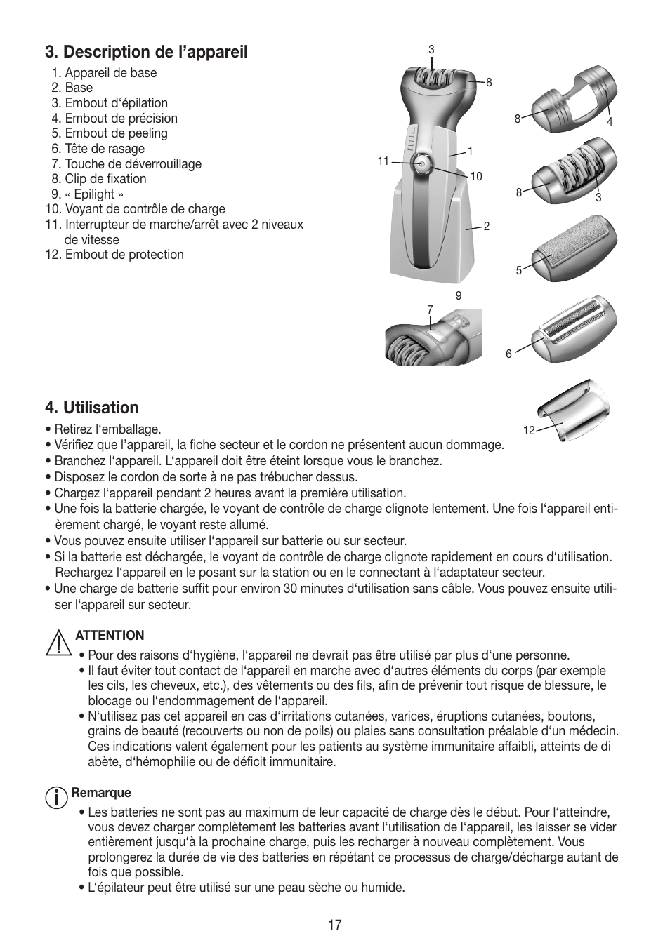 Description de l’appareil, Utilisation | Beurer HLE 60 User Manual | Page 17 / 68