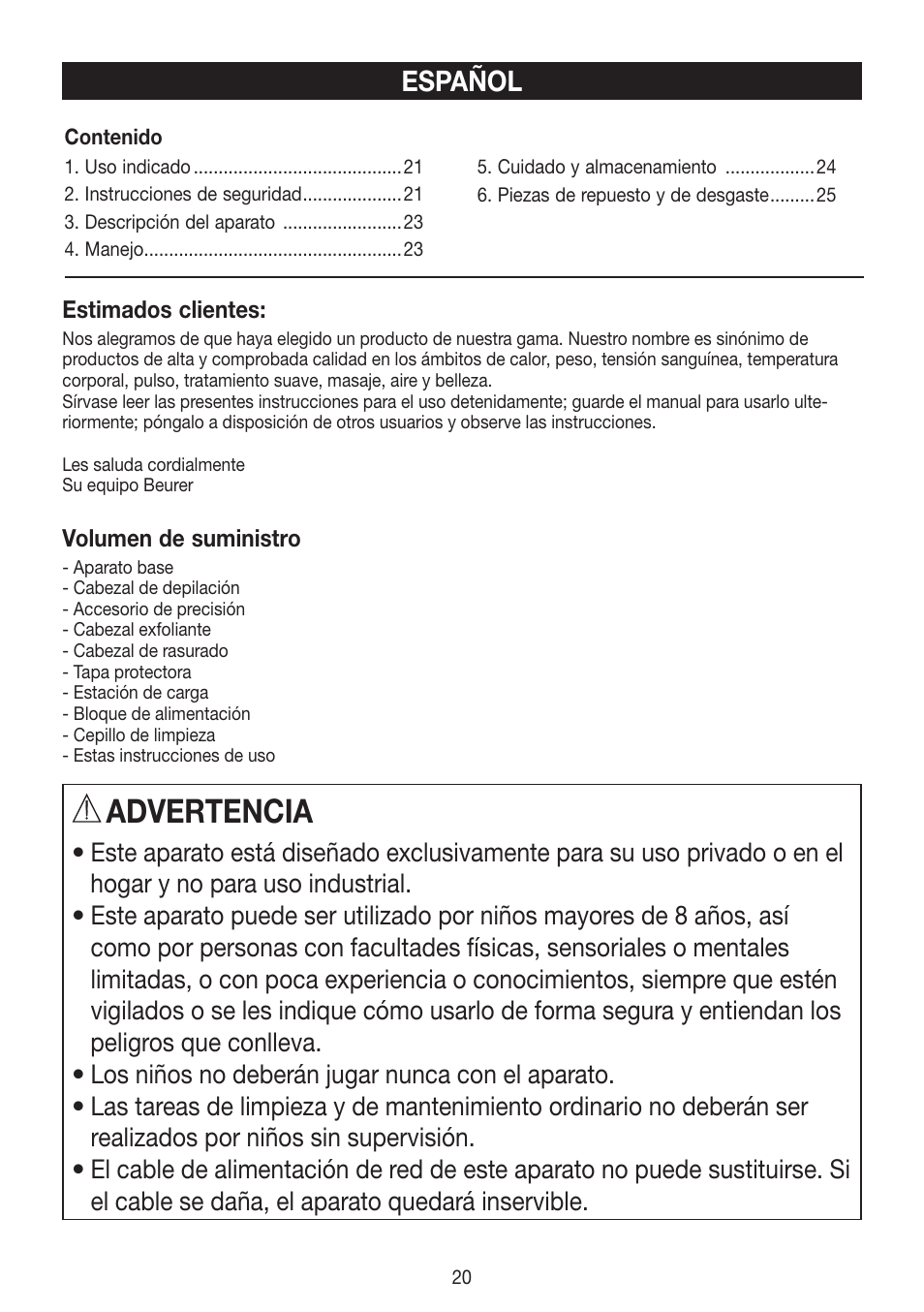 Advertencia, Español | Beurer HLE 60 User Manual | Page 20 / 68