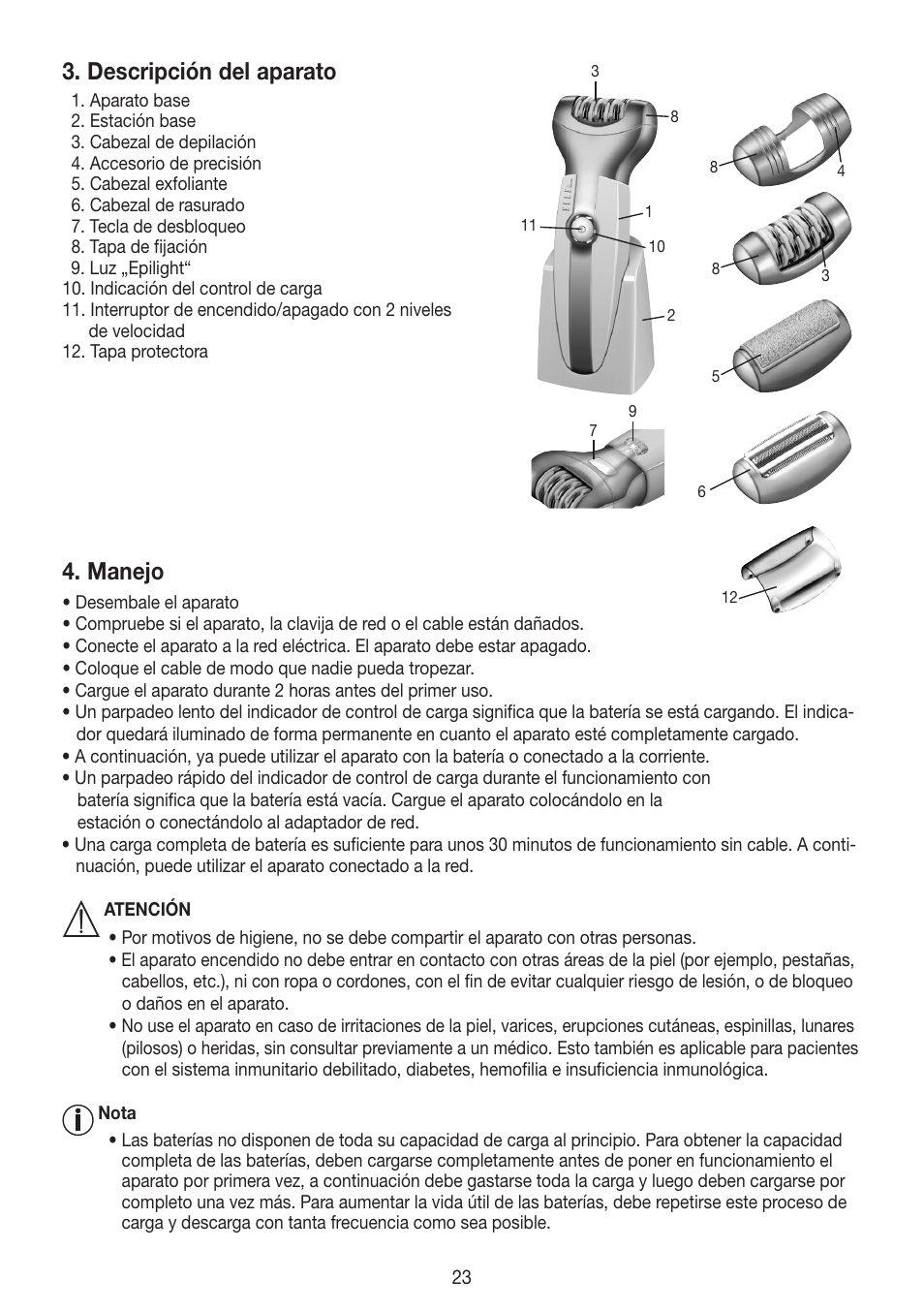 Descripción del aparato, Manejo | Beurer HLE 60 User Manual | Page 23 / 68