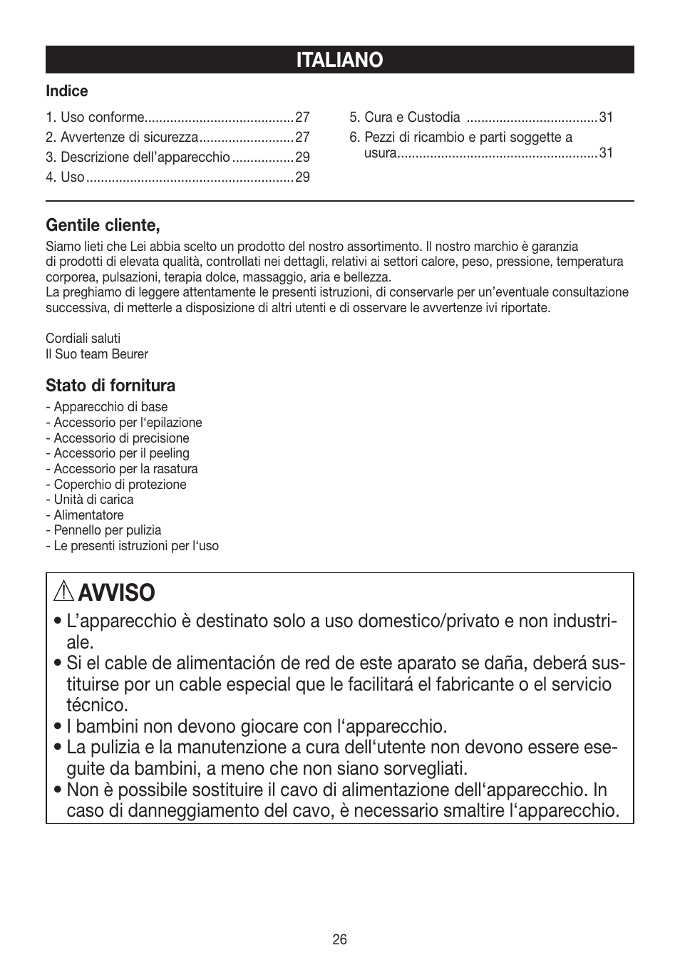 Avviso, Italiano | Beurer HLE 60 User Manual | Page 26 / 68